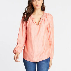 Nautica Peach Pinstripe Orange Split V-neck Vertical Stripe Blouse Size Women XS